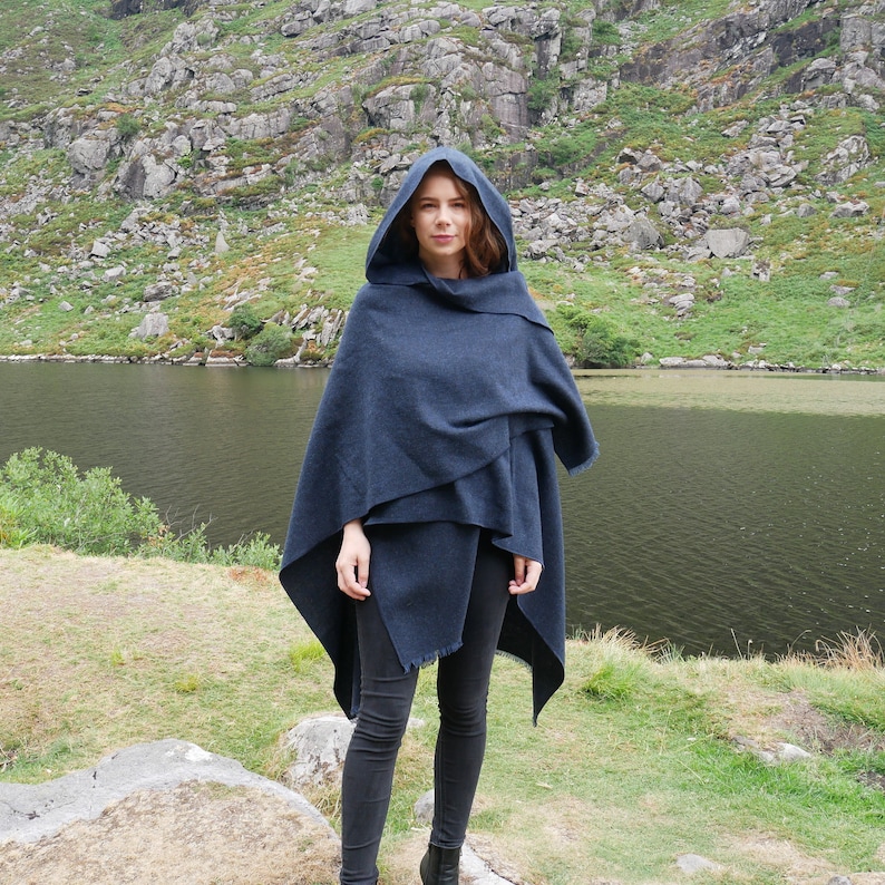 Irish Woven Wool Hooded Ruana, Cape, Rectangle Cloak, Wrap - 100% Pure New Wool - Plain Solid Navy - Unisex - HANDMADE IN IRELAND