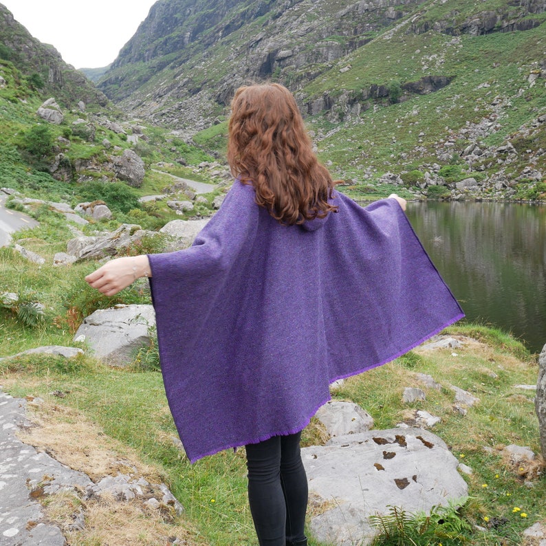 Irish Donegal Tweed Wool Hooded Cape, Ruana, Cloak, Robe, Wrap, Arisaid - Purple Herringbone -  Heavy Tweed - HANDMADE IN IRELAND