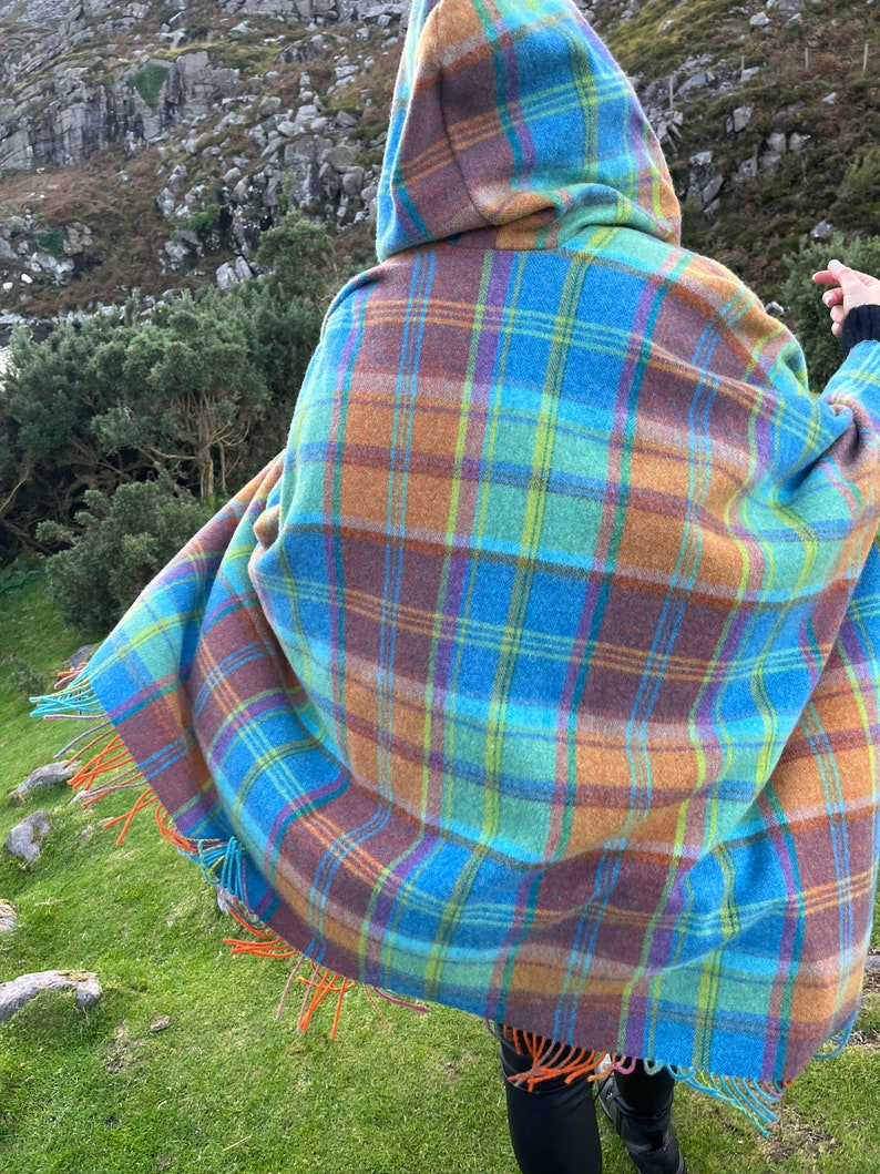 Hooded Irish Pure Supersoft Lambswool Cape, Ruana, Wrap - 100% Pure New Wool - Blue Green Orange Tartan Plaid Check - HANDMADE IN IRELAND