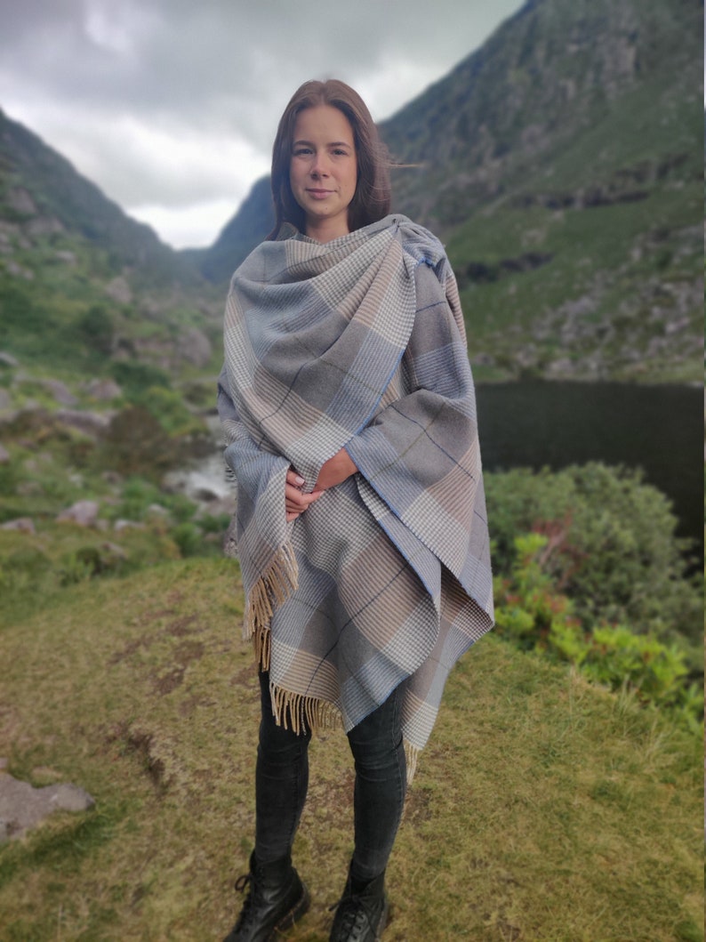 Irish Pure Lambswool Cape, Ruana, Wrap , Shawl - 100% Pure New Wool - Beige/Blue Check - Supersoft - One Size Fits All - HANDMADE IN IRELAND