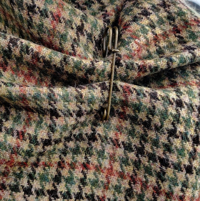 Irish Donegal Tweed Cape / Rectangle Cloak / Ruana  - beige/green/black/burnt orange houndstooth  - 100% Pure New Wool - HANDMADE IN IRELAND