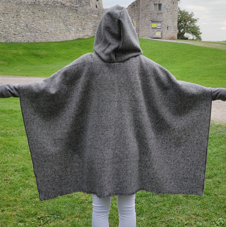 Irish Donegal Tweed Wool Hooded Ruana, Cape, Rectangle Cloak - Traditional Grey Fleck  - Heavy Tweed - Unisex - HANDMADE IN IRELAND