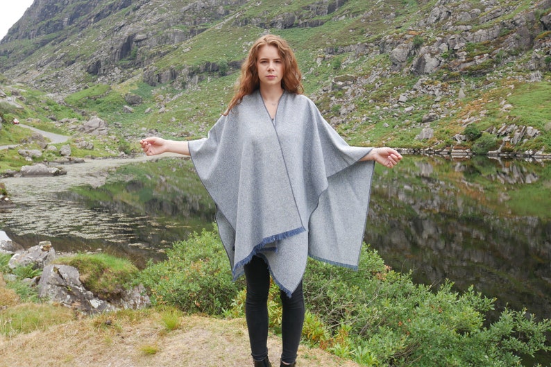 Irish Donegal tweed wool ruana, wrap , arisaid - grey/blue herringbone - 100% Pure New Irish Wool -  HANDMADE IN IRELAND