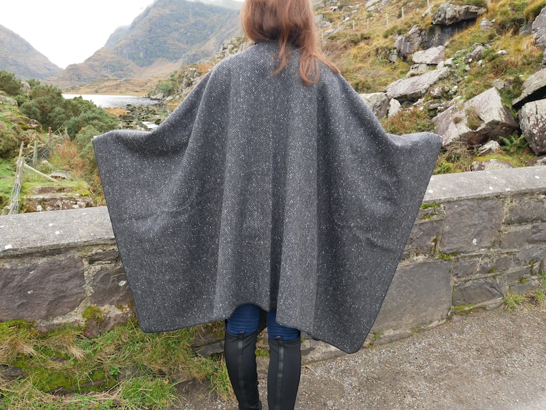 Irish Donegal Tweed Wool Ruana, Cape, Wrap, Cloak - Charcoal/Grey - Fleck Herringbone - 100% Pure New Wool - Unisex -  HANDMADE IN IRELAND