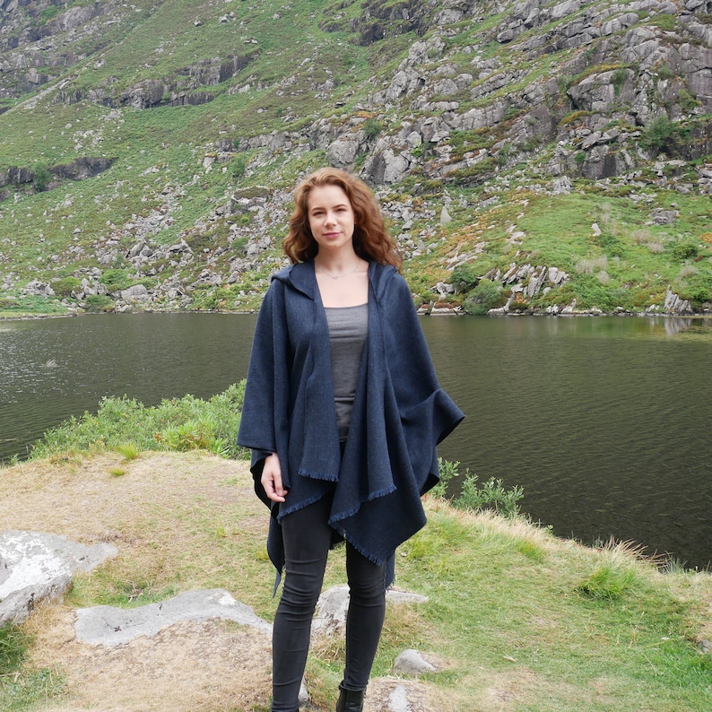 Irish Woven Wool Hooded Ruana, Cape, Rectangle Cloak, Wrap - 100% Pure New Wool - Plain Solid Navy - Unisex - HANDMADE IN IRELAND