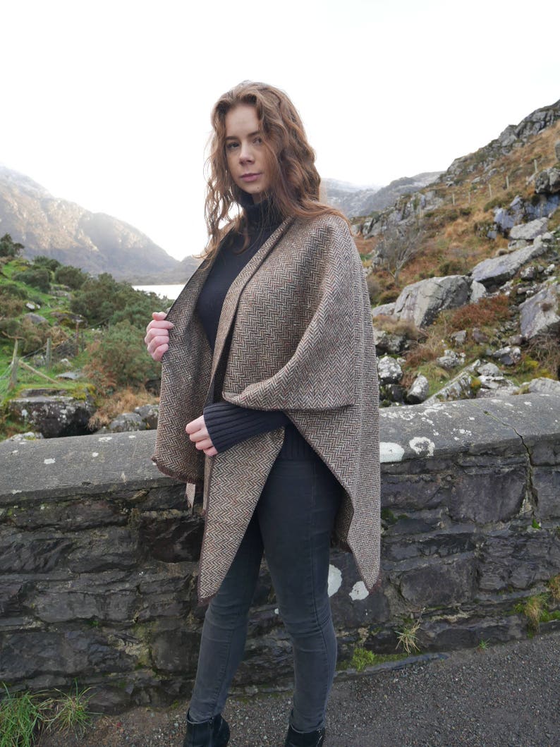 Irish Donegal Tweed Ruana, Wrap, Cape,  - Brown/Beige Herringbone With Multi-colour Fleck/Speckled -100% Pure New Wool - Handmade in Ireland