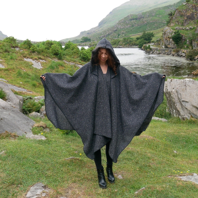 Irish Donegal Tweed Wool Hooded Ruana, Cape - Charcoal/Grey Salt & Pepper - Speckled -100% Pure New Wool -medium weight- HANDMADE IN IRELAND