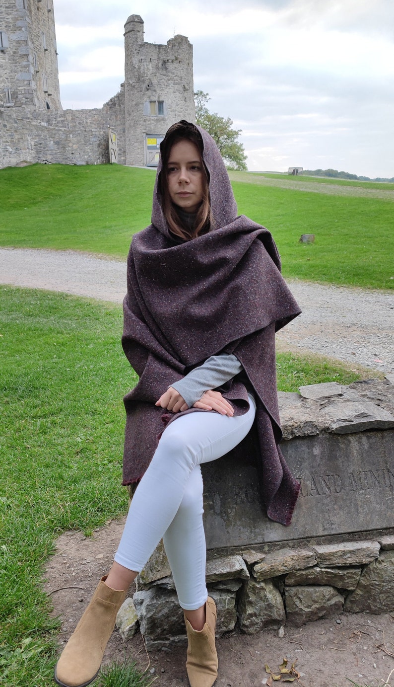 Irish Donegal Tweed Wool Hooded Ruana, Cape, Rectangle Cloak - Traditional Burgundy Fleck - Heavy Tweed - Unisex - HANDMADE IN IRELAND