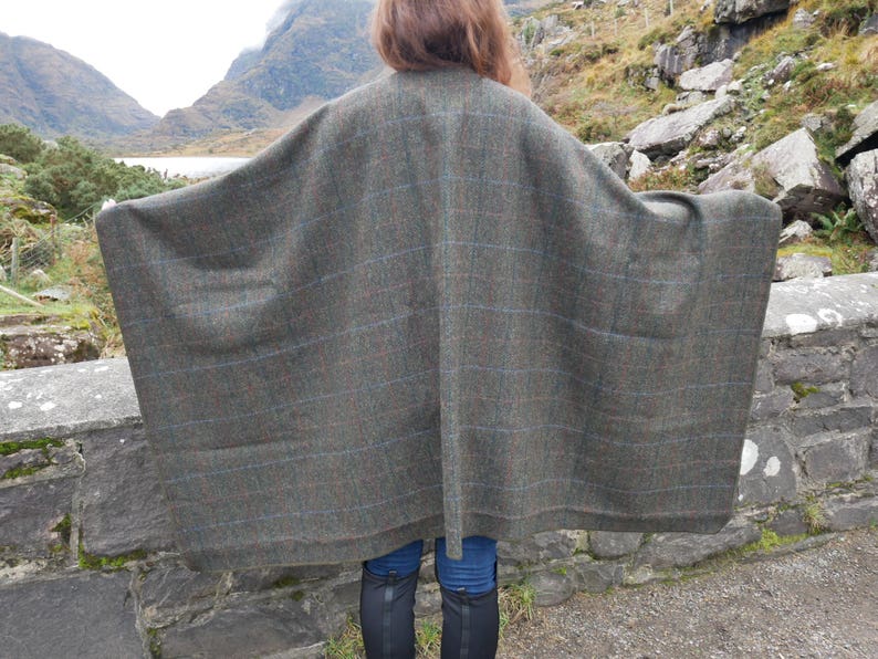 Irish Donegal Tweed Wool Cape, Ruana,Rectangle Cloak -Moss Green Herringbone With Overcheck- 100% Pure New Wool -Unisex- HANDMADE IN IRELAND