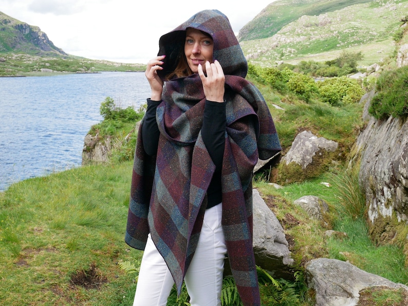 Irish Donegal Tweed Wool Hooded Ruana, Wrap, Cape, Cloak - Burgundy & Green Check  - Heavy Tweed - 100% Pure New Wool - HANDMADE IN IRELAND