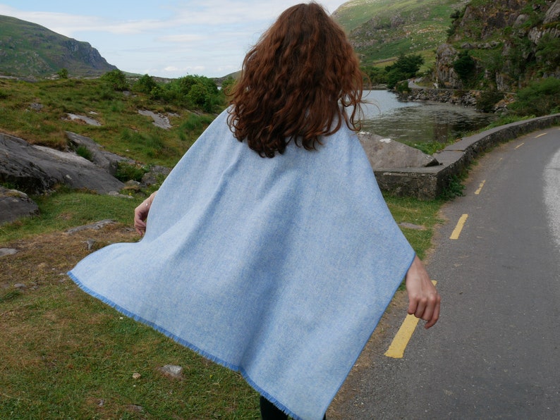 Irish Tweel Woven Wool Ruana, Wrap, Cape - Baby Blue & White Chevron - 100% Pure New Wool - Lightweight - HANDMADE IN IRELAND