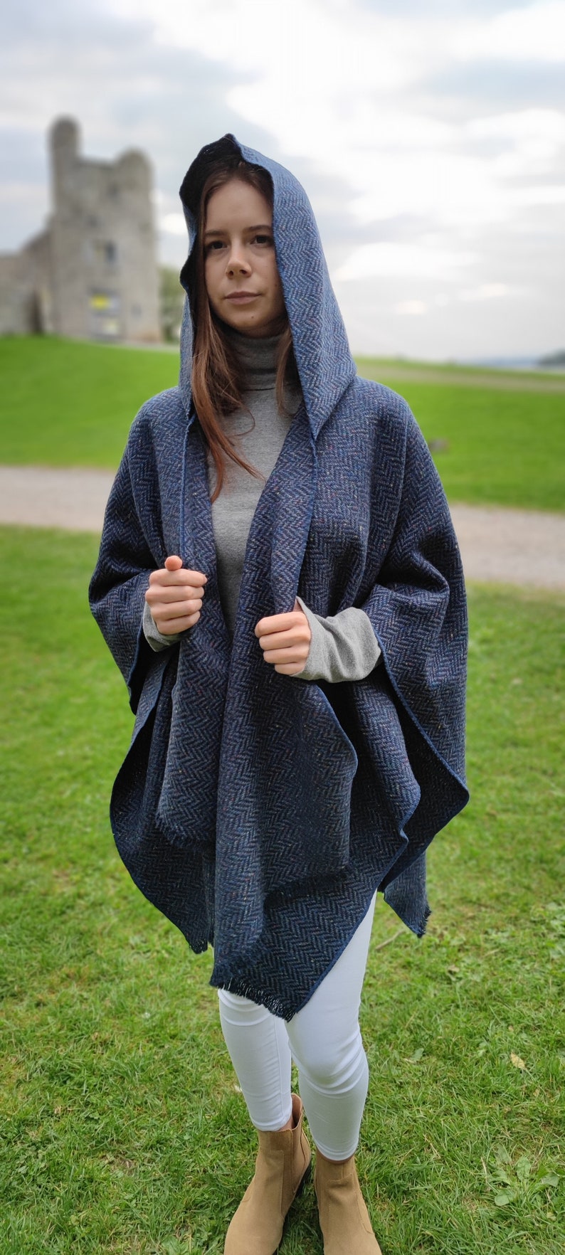 Irish Donegal Tweed Wool Hooded Ruana, Cape, Rectangle Cloak - Speckled Navy / Blue Herringbone - Heavy Tweed - Unisex - HANDMADE IN IRELAND