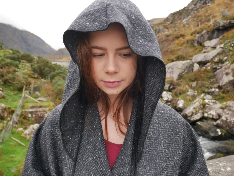 Irish Donegal Tweed Hooded Ruana, Wrap, Cape,  - Black/ Charcoal/ Grey Herringbone - 100% Pure New Wool - heavy tweed - HANDMADE IN IRELAND