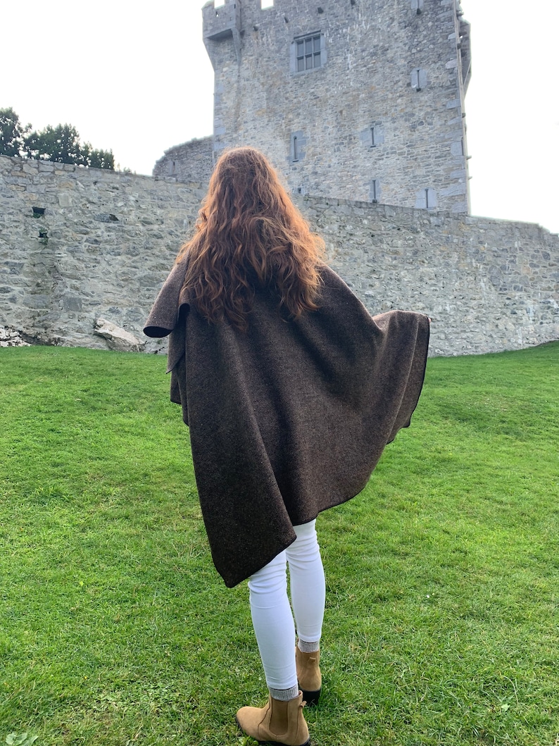 Irish Donegal tweed wool hooded ruana, wrap, cape - brown melange/speckled/flecked //HEAVY TWEED//- 100% Pure New Wool - Handmade in Ireland