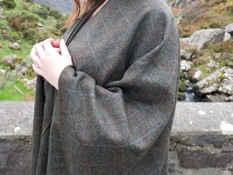 Irish Donegal Tweed Wool Cape, Ruana,Rectangle Cloak -Moss Green Herringbone With Overcheck- 100% Pure New Wool -Unisex- HANDMADE IN IRELAND