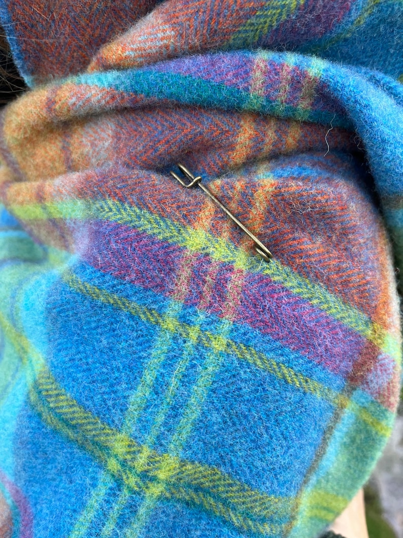 Hooded Irish Pure Supersoft Lambswool Cape, Ruana, Wrap - 100% Pure New Wool - Blue Green Orange Tartan Plaid Check - HANDMADE IN IRELAND