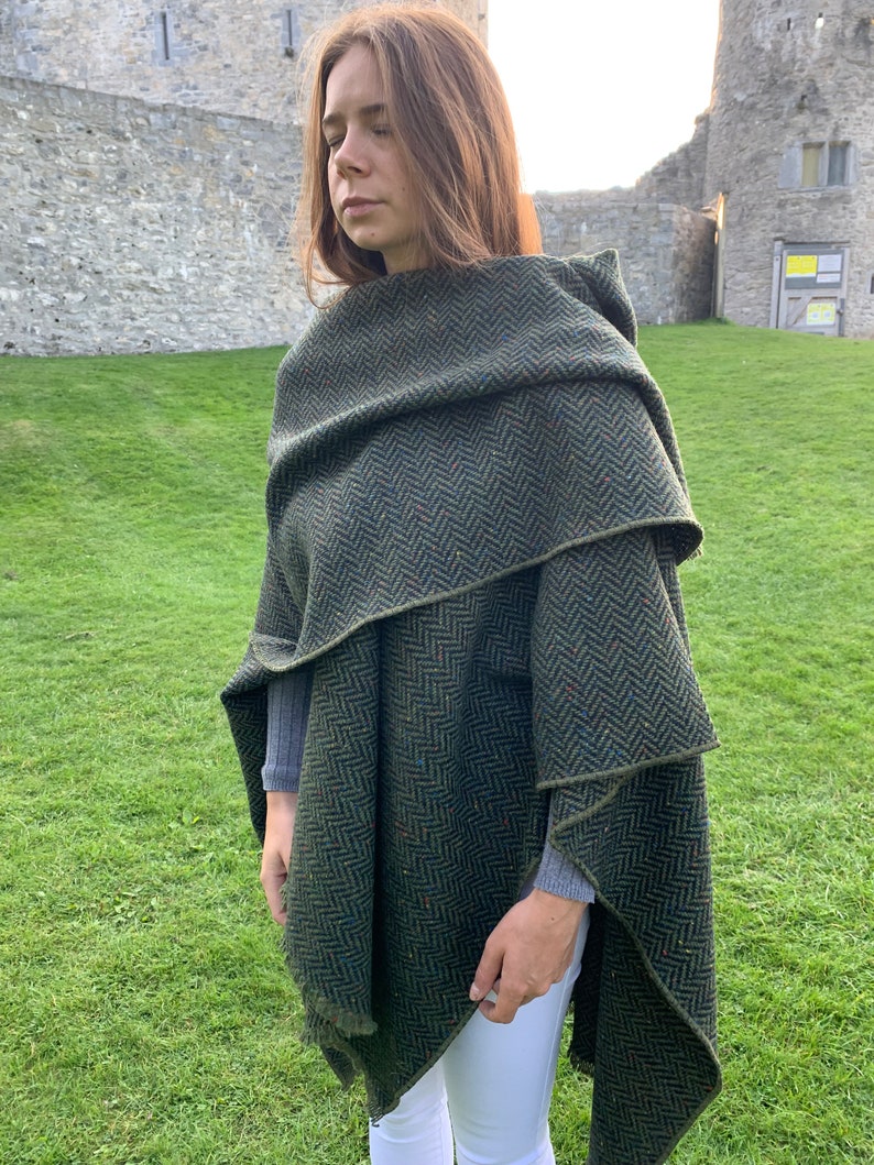 Irish Donegal Tweed Wool Hooded Ruana, Cape, Rectangle Cloak - Speckled Forest Green Herringbone - Heavy Tweed -Unisex- HANDMADE IN IRELAND