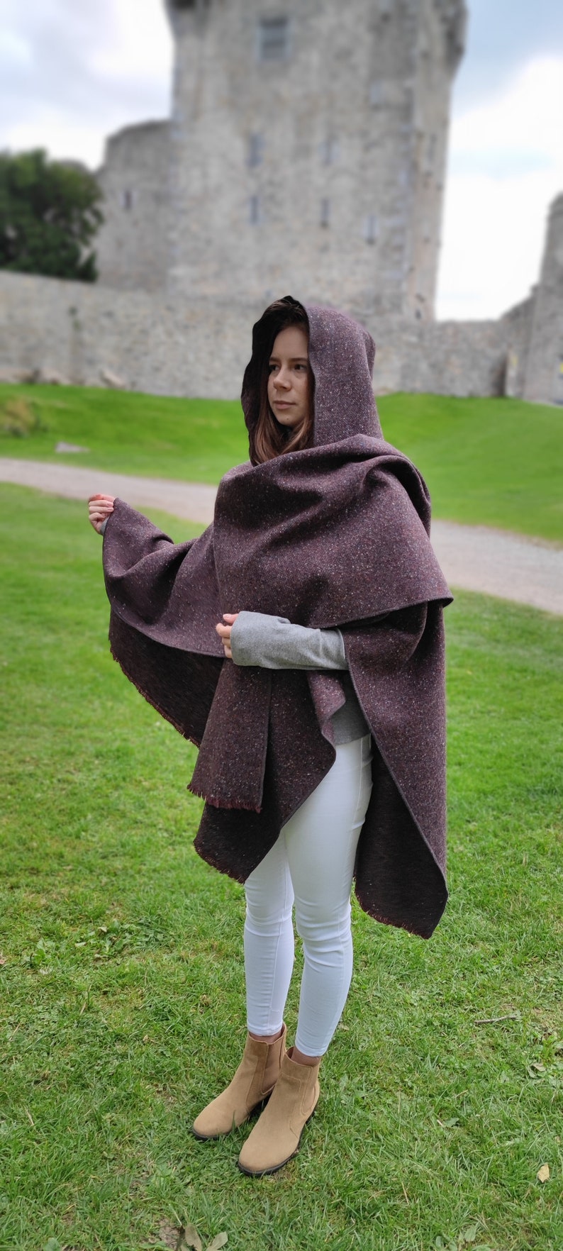Irish Donegal Tweed Wool Hooded Ruana, Cape, Rectangle Cloak - Traditional Burgundy Fleck - Heavy Tweed - Unisex - HANDMADE IN IRELAND