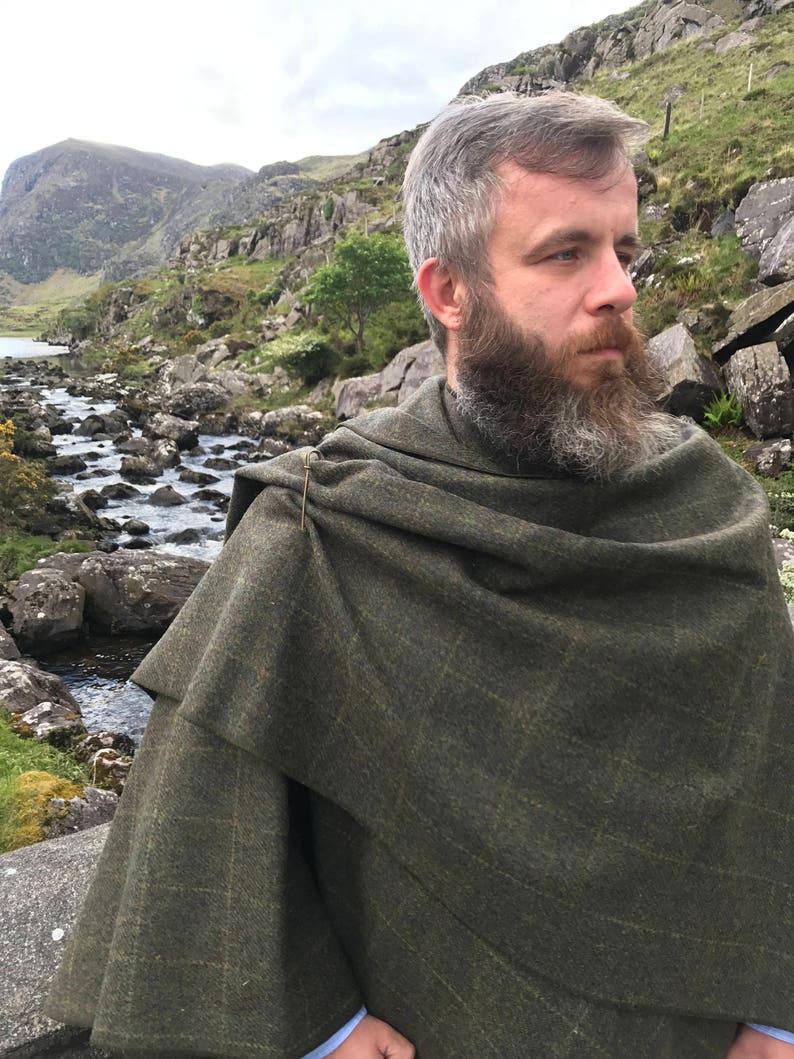 Irish Donegal Tweed Wool Ruana, Cape - Green With Yellow Overcheck - 100% Pure New Wool - Limited Stock! - Unisex - HANDMADE IN IRELAND