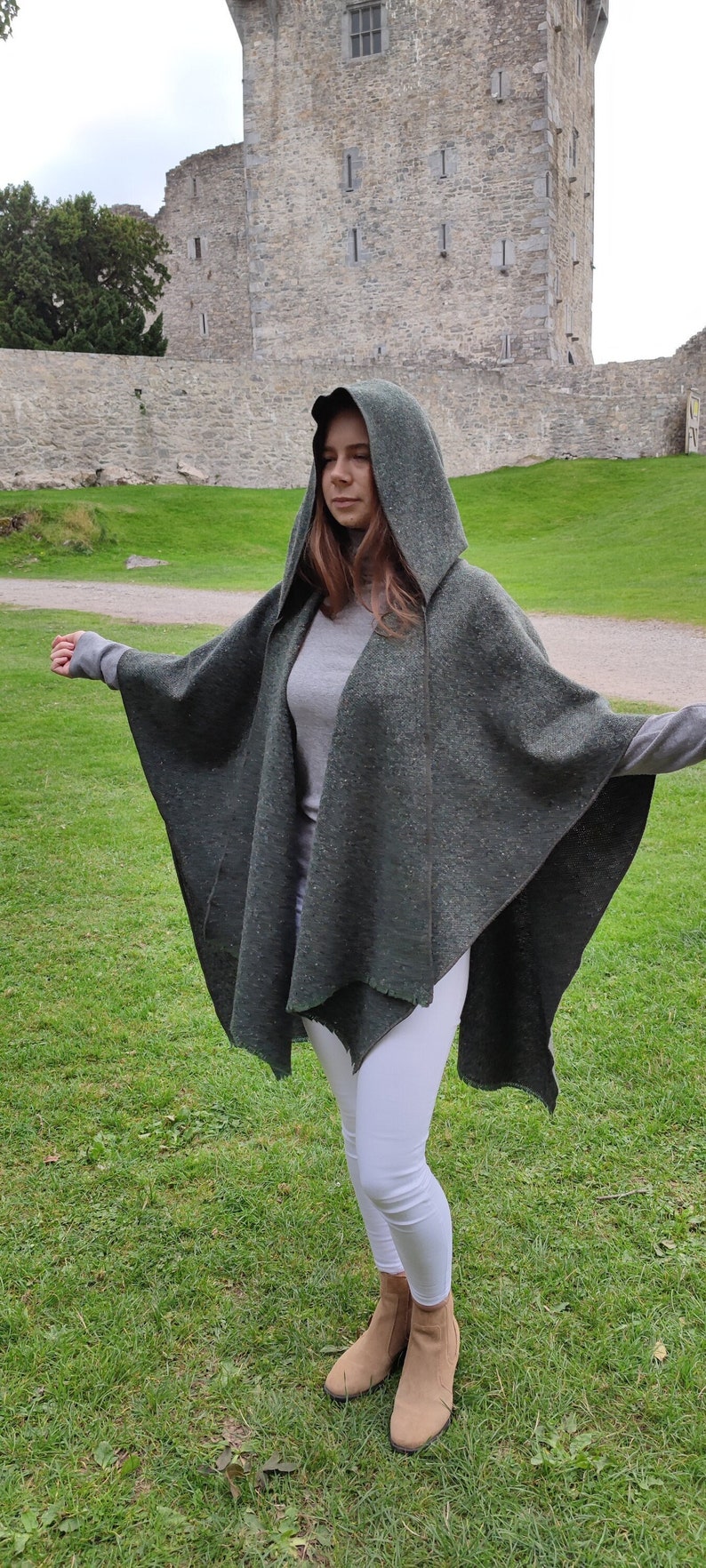 Irish Donegal Tweed Wool Hooded Ruana, Cape, Rectangle Cloak - Traditional Green Fleck - Medium/Heavy Tweed - Unisex - HANDMADE IN IRELAND
