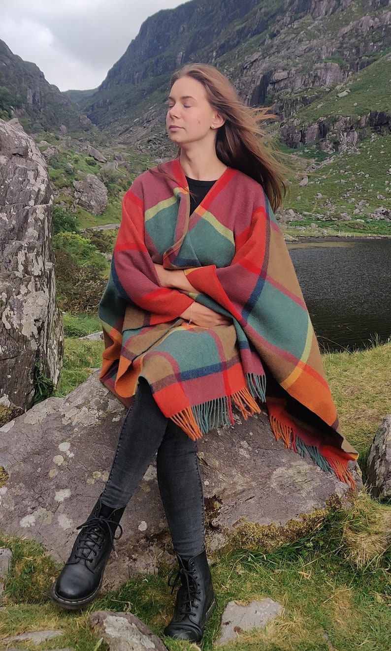 Irish Pure Lambswool Cape, Ruana, Wrap , Shawl - 100% Pure New Wool - multicolour block check - supersoft  - HANDMADE IN IRELAND