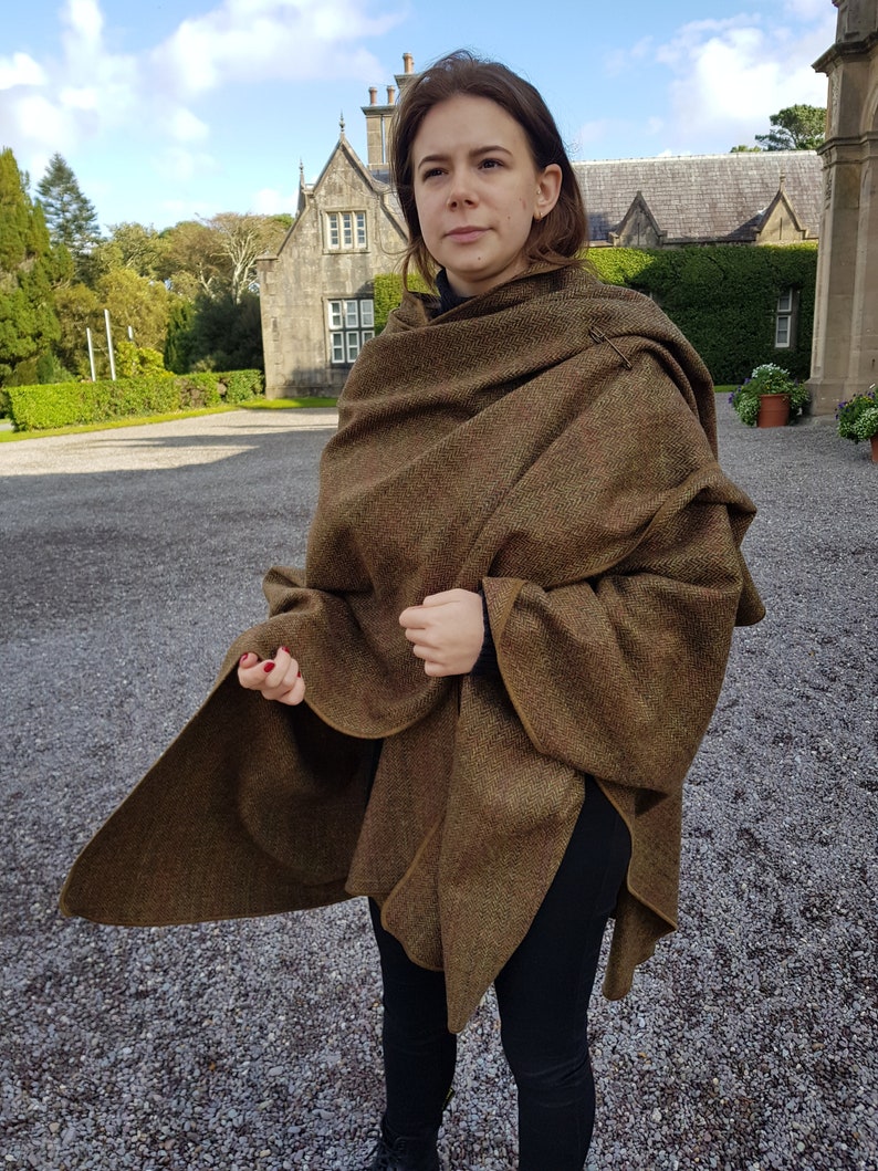Irish Donegal Tweed Wool Hooded Cape, Ruana, Wrap, Cloak - Bronze/Brown Herringbone With Overcheck - 100% Pure New Wool -HANDMADE IN IRELAND