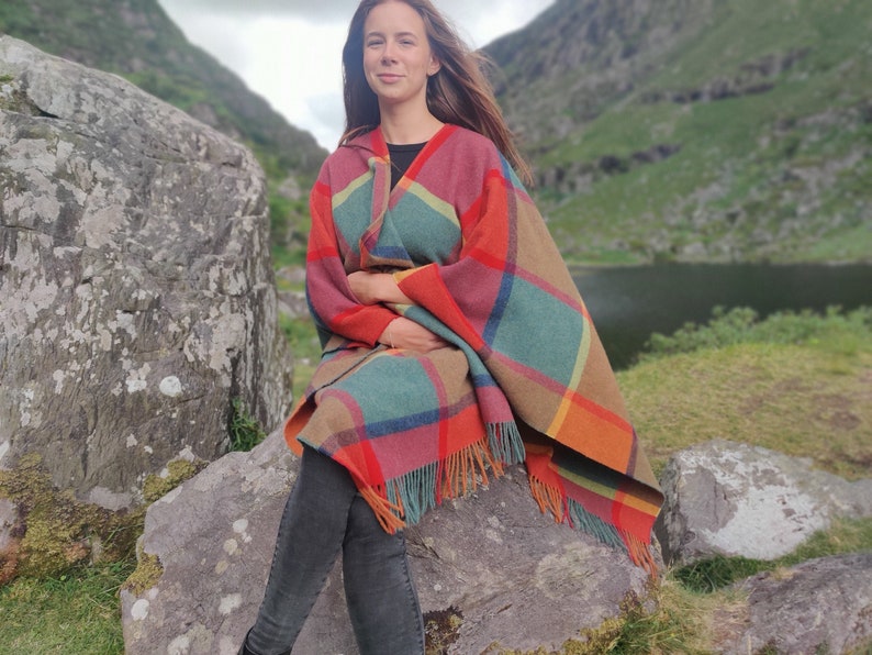 Irish Pure Lambswool Cape, Ruana, Wrap , Shawl - 100% Pure New Wool - multicolour block check - supersoft  - HANDMADE IN IRELAND