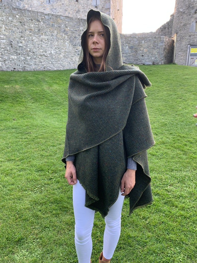 Irish Donegal Tweed Wool Hooded Ruana, Cape, Rectangle Cloak - Speckled Forest Green Herringbone - Heavy Tweed -Unisex- HANDMADE IN IRELAND