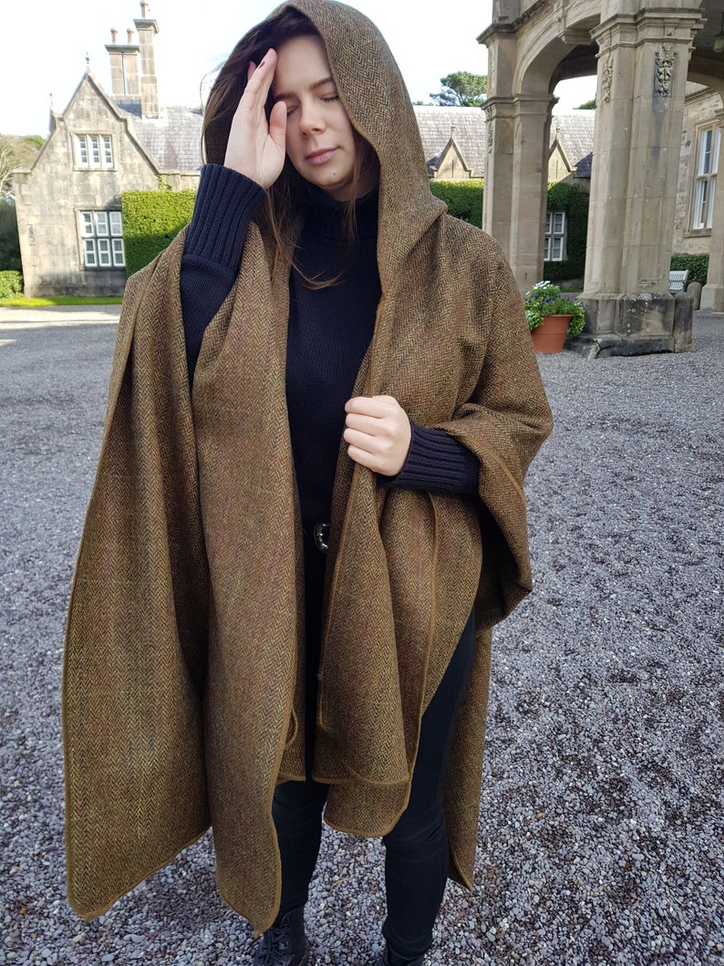 Irish Donegal Tweed Wool Hooded Cape, Ruana, Wrap, Cloak - Bronze/Brown Herringbone With Overcheck - 100% Pure New Wool -HANDMADE IN IRELAND
