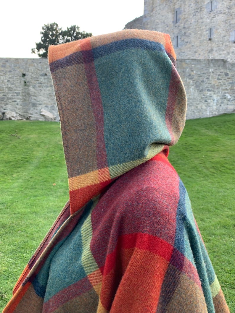 Hooded Irish Pure Lambswool Cape, Ruana, Wrap , Shawl - 100% Pure New Wool - Orange/Green/Yellow/Wine Check - Supersoft -HANDMADE IN IRELAND