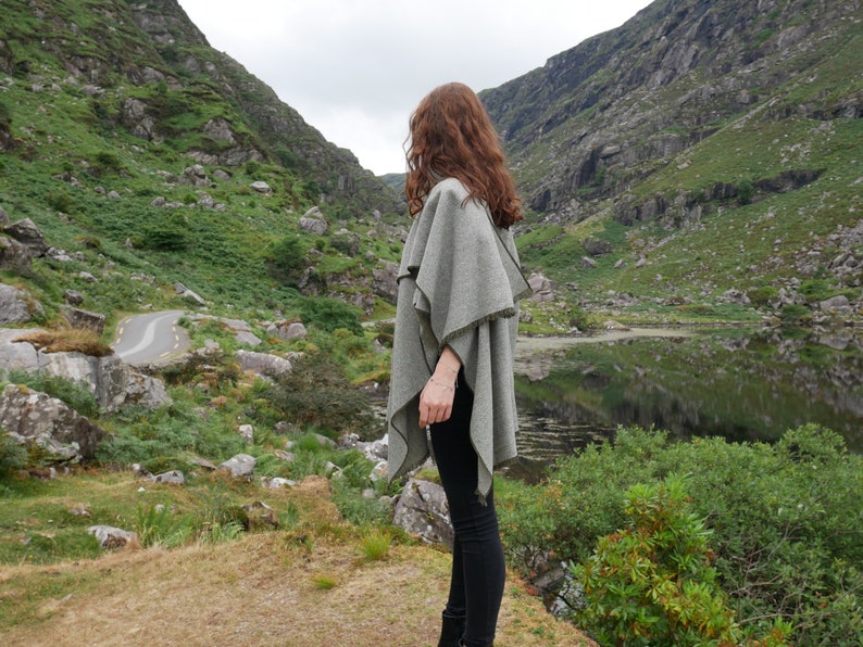 Irish Donegal tweed wool ruana, wrap , arisaid - grey/green herringbone - 100% Pure New Wool - lightweight tweed - HANDMADE IN IRELAND