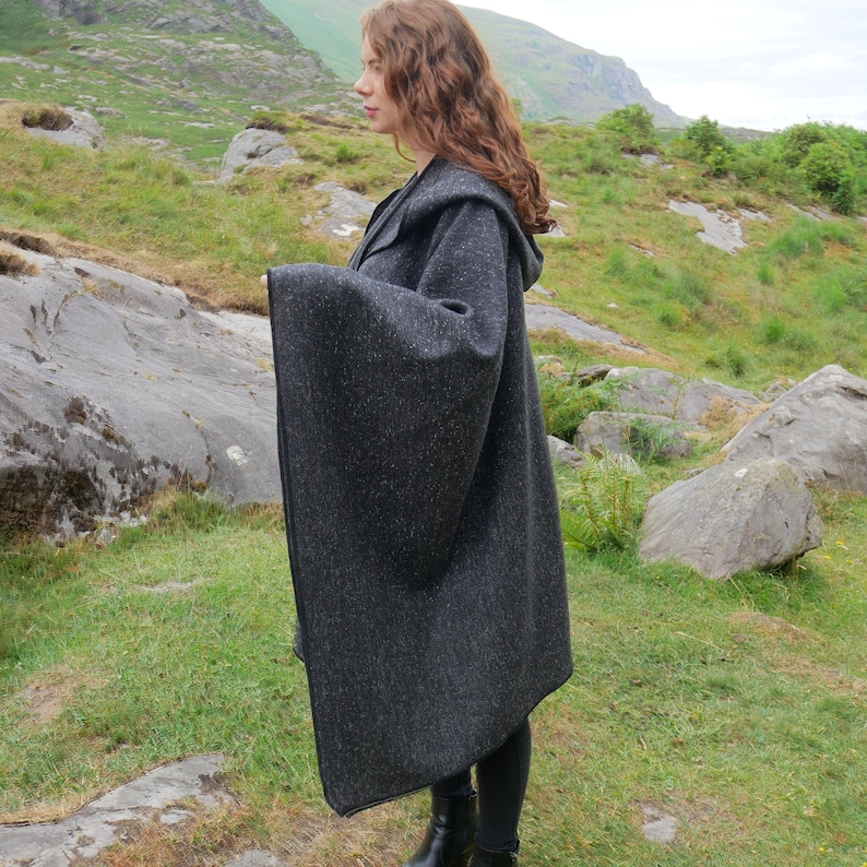 Irish Donegal Tweed Wool Hooded Ruana, Cape - Charcoal/Grey Salt & Pepper - Speckled -100% Pure New Wool - heavy tweed - HANDMADE IN IRELAND