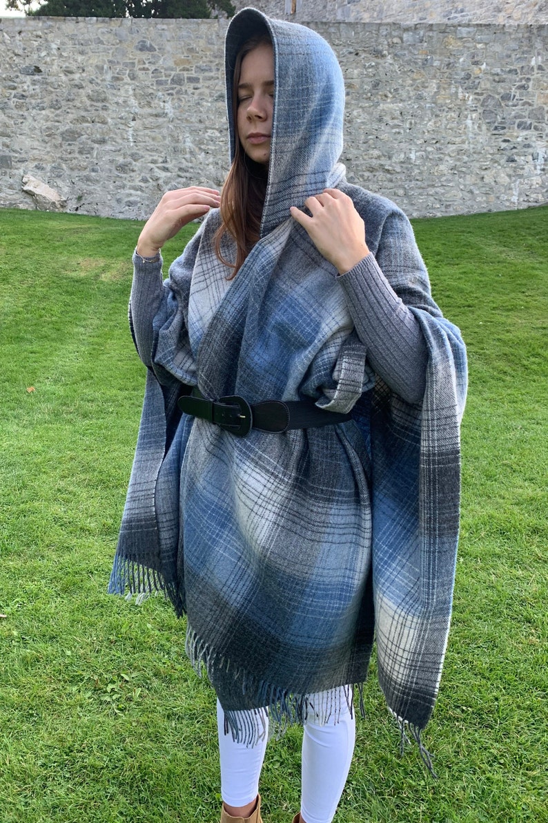 Hooded Irish Pure Lambswool Cape, Ruana, Wrap , Shawl - 100% Pure New Wool - Grey Denim Check - Supersoft - HANDMADE IN IRELAND