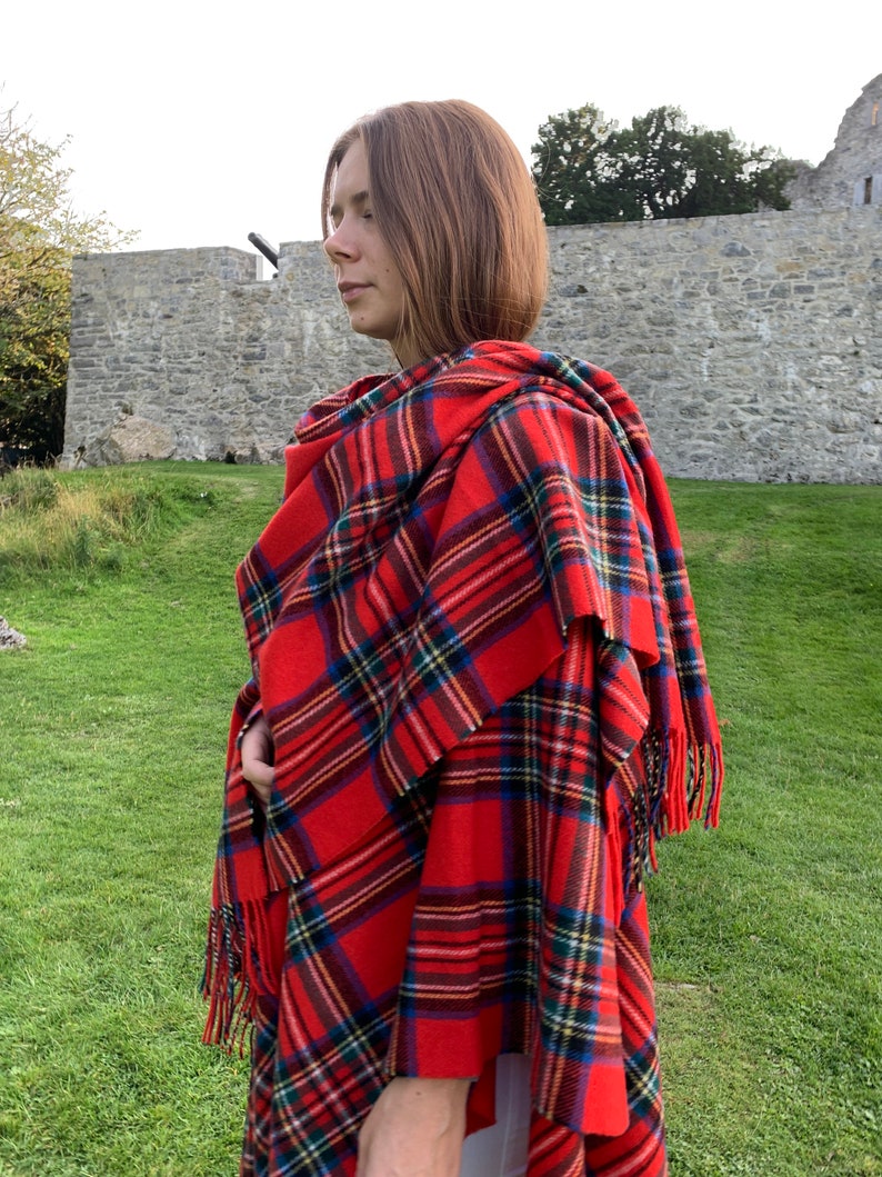 Hooded Irish Pure Lambswool Cape, Ruana, Wrap , Shawl - 100% Pure New Wool -Royal Stewart Tartan/Plaid Check -Supersoft -HANDMADE IN IRELAND