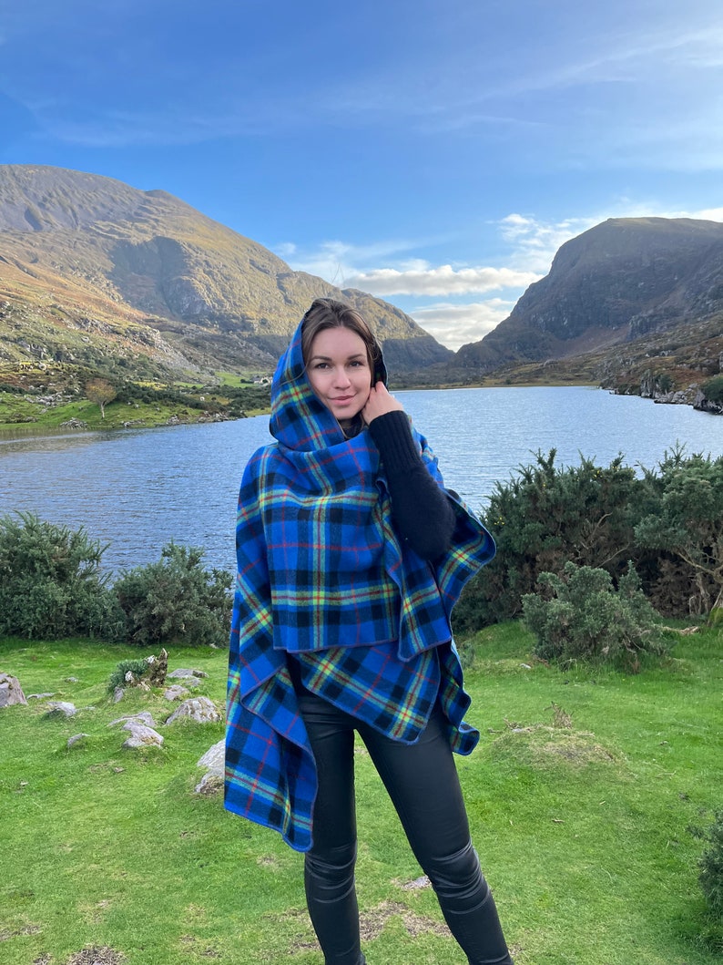 Hooded Supersoft Lambswool Cape, Ruana Wrap , Cloak - 100% Pure New Wool - Blue Navy Lime Green Red Tartan Plaid Check - HANDMADE IN IRELAND