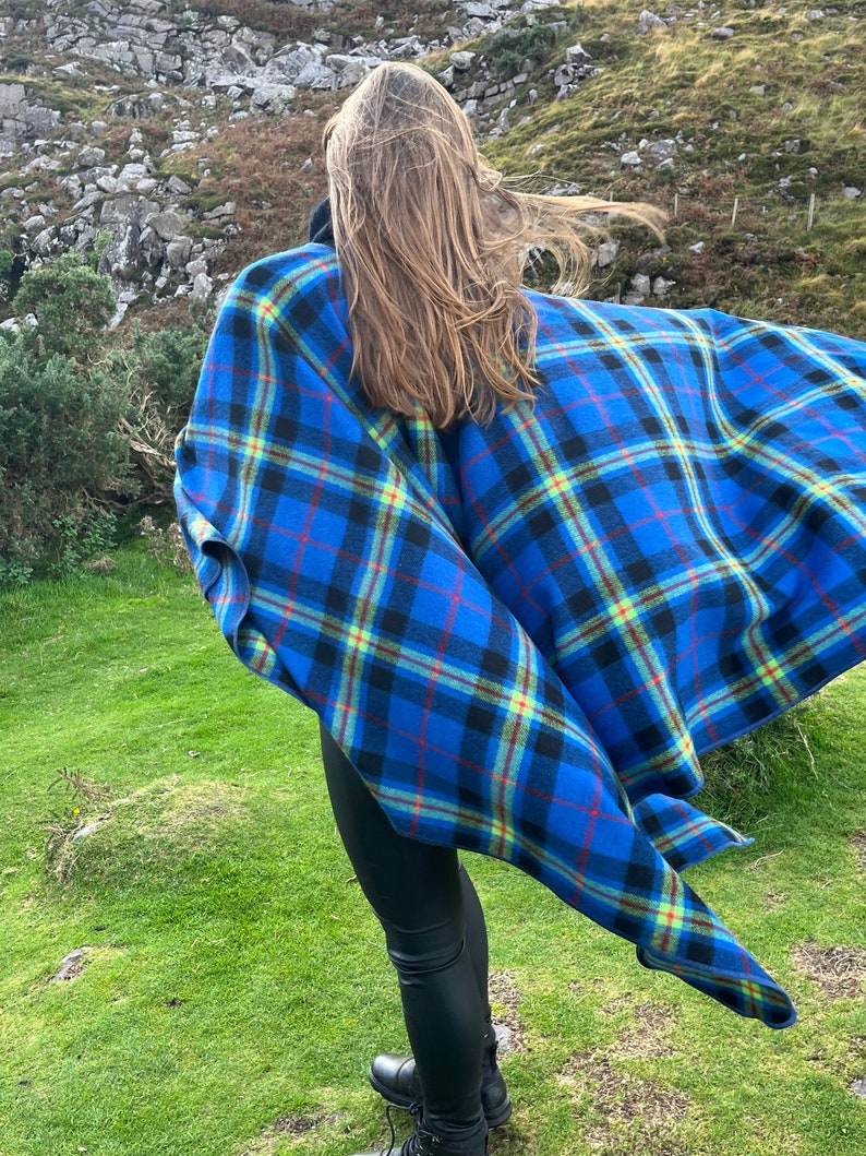 Hooded Supersoft Lambswool Cape, Ruana Wrap , Cloak - 100% Pure New Wool - Blue Navy Lime Green Red Tartan Plaid Check - HANDMADE IN IRELAND