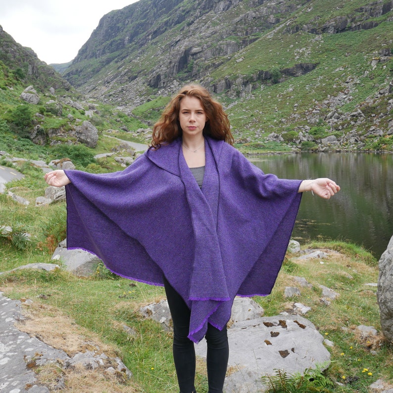 Irish Donegal Tweed Wool Hooded Cape, Ruana, Cloak, Robe, Wrap, Arisaid - Purple Herringbone -  Heavy Tweed - HANDMADE IN IRELAND