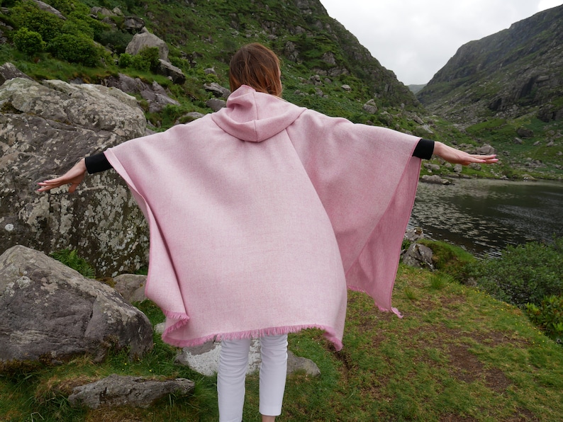 Irish tweed wool hooded ruana, wrap, arisaid - pink & white chevron - HANDMADE IN IRELAND