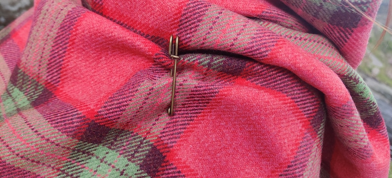 Irish soft lambswool hooded ruana, wrap, arisaid - pink/green/purple plaid check, tartan - 100% Pure New Wool - HANDMADE IN IRELAND
