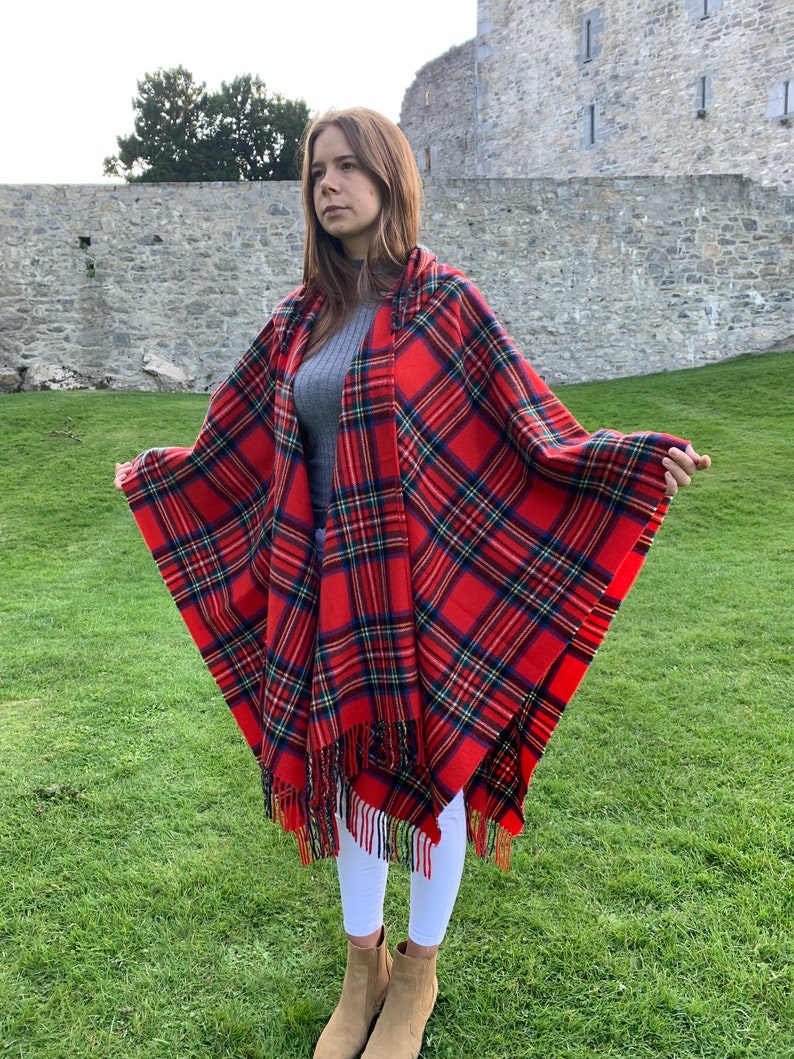 Hooded Irish Pure Lambswool Cape, Ruana, Wrap , Shawl - 100% Pure New Wool -Royal Stewart Tartan/Plaid Check -Supersoft -HANDMADE IN IRELAND