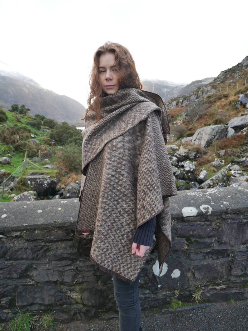 Irish Donegal Tweed Ruana, Wrap, Cape,  - Brown/Beige Herringbone With Multi-colour Fleck/Speckled -100% Pure New Wool - Handmade in Ireland