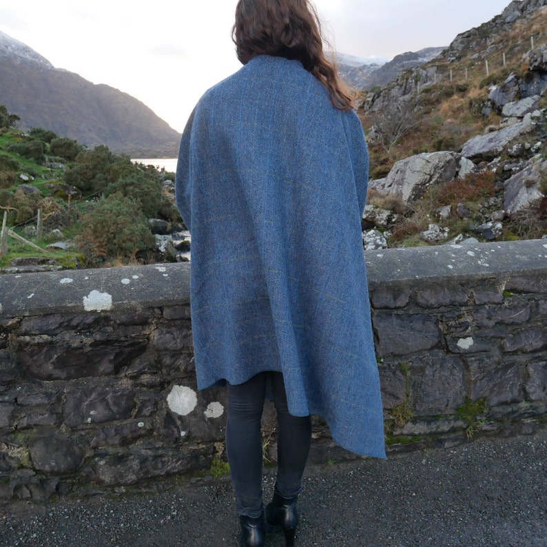 Irish Donegal Tweed Wool Ruana, Wrap, Cape, Cloak - Grey & Denim Herringbone With Overcheck - 100% Pure New Wool - HANDMADE IN IRELAND