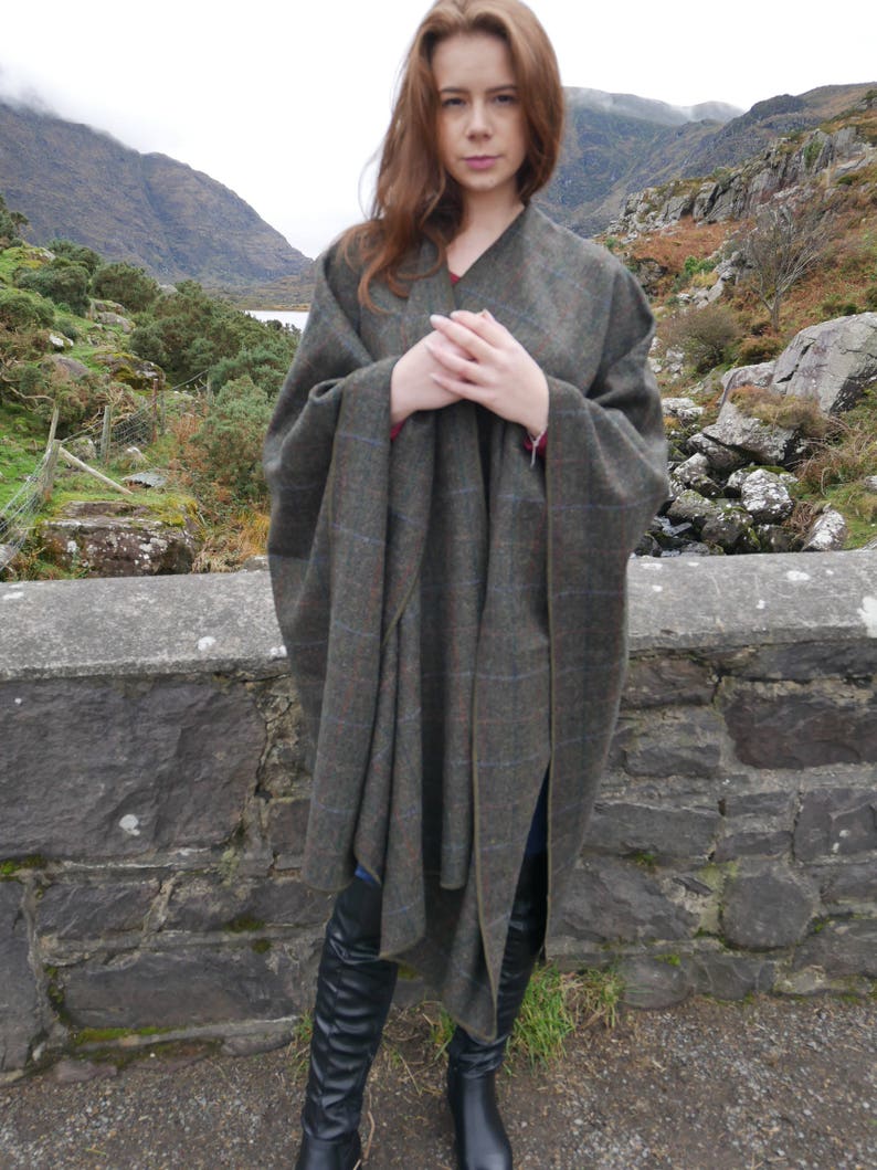 Irish Donegal Tweed Wool Cape, Ruana,Rectangle Cloak -Moss Green Herringbone With Overcheck- 100% Pure New Wool -Unisex- HANDMADE IN IRELAND