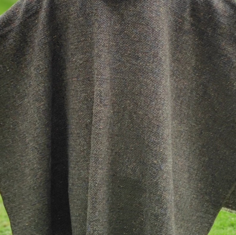 Irish Donegal Tweed Wool Hooded Ruana, Cape, Rectangle Cloak - Speckled Forest Green Herringbone - Mediumweight -Unisex- HANDMADE IN IRELAND