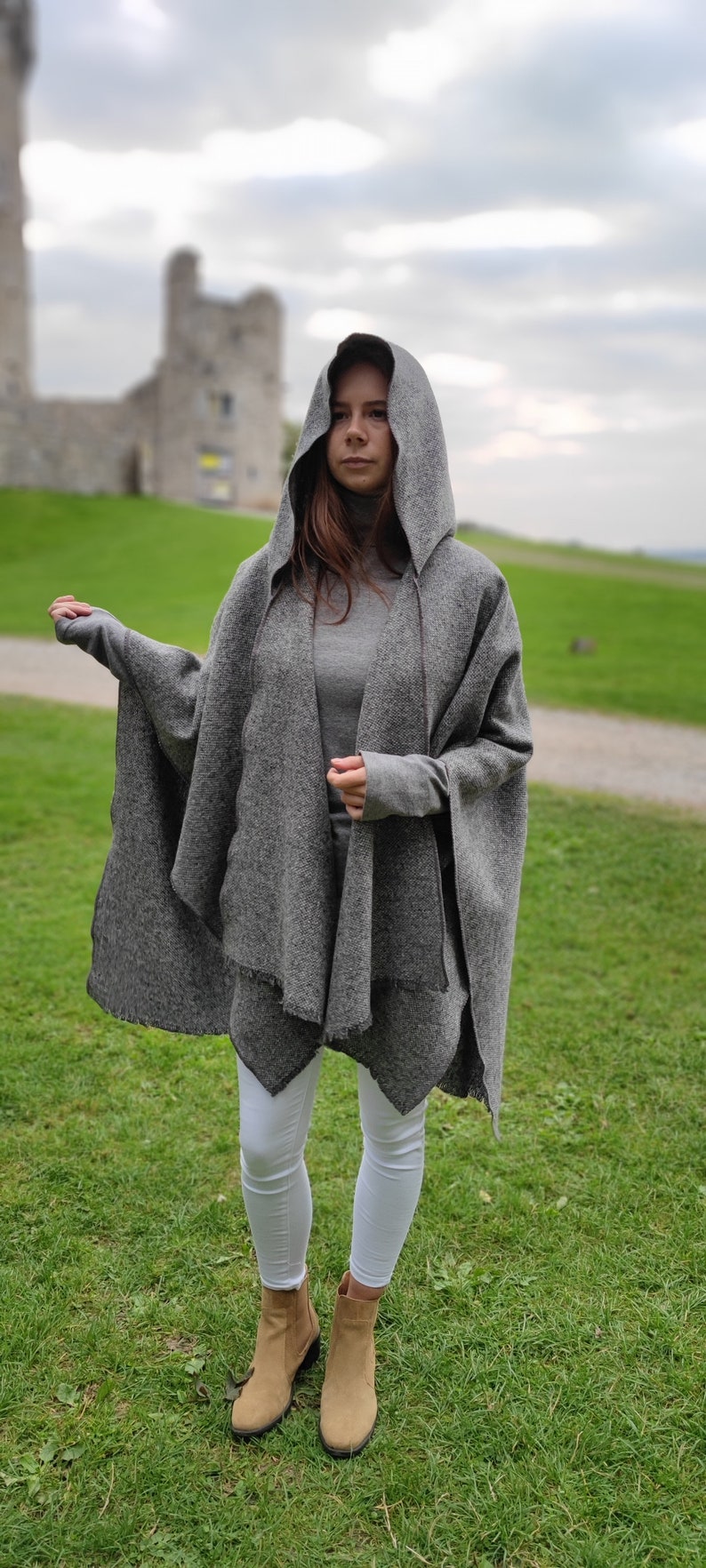 Irish Donegal Tweed Wool Hooded Ruana, Cape, Rectangle Cloak - Traditional Grey Fleck  - Heavy Tweed - Unisex - HANDMADE IN IRELAND