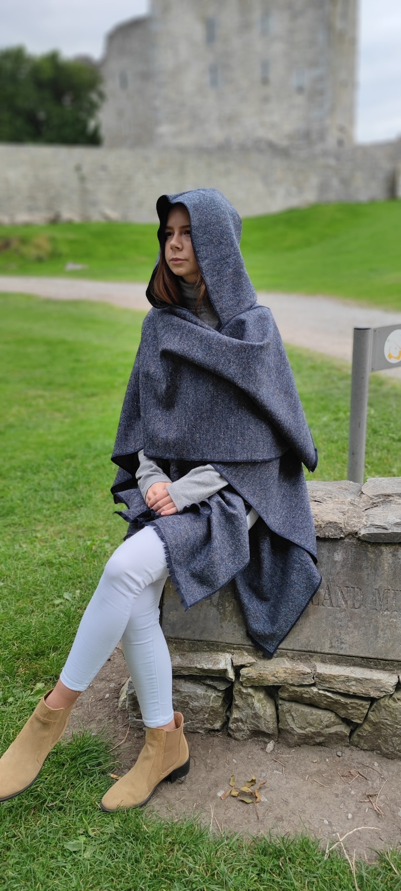 Irish Donegal Tweed Hooded Cape, Ruana, Wrap, Rectangle Cloak - Speckled / Fleck  Navy Blue - 100% Pure New Wool - HANDMADE IN IRELAND
