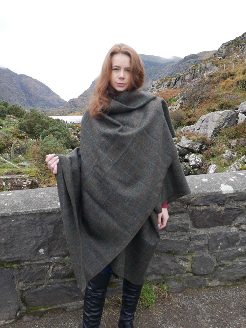 Irish Donegal Tweed Wool Cape, Ruana,Rectangle Cloak -Moss Green Herringbone With Overcheck- 100% Pure New Wool -Unisex- HANDMADE IN IRELAND