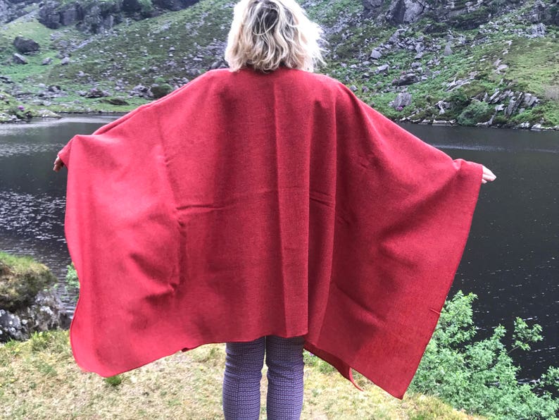 Irish tweed wool ruana, wrap, cape, coat, arisaid- red - lightweight fabric - 100% wool - ready for shipping - HANDMADE IN IRELAND