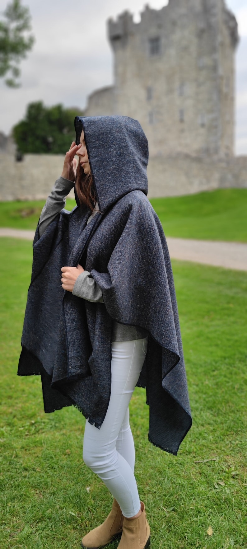 Irish Donegal Tweed Hooded Cape, Ruana, Wrap, Rectangle Cloak - Speckled / Fleck  Navy Blue - 100% Pure New Wool - HANDMADE IN IRELAND