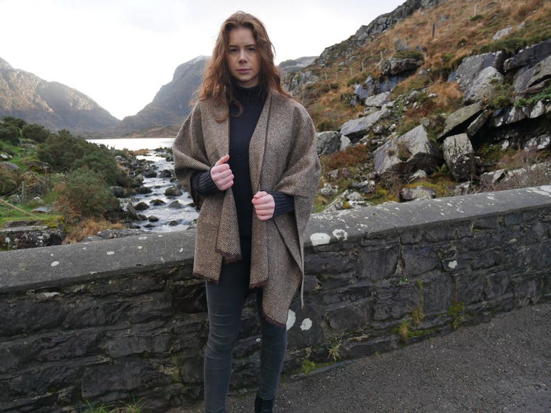 Irish Donegal Tweed Ruana, Wrap, Cape,  - Brown/Beige Herringbone With Multi-colour Fleck/Speckled -100% Pure New Wool - Handmade in Ireland